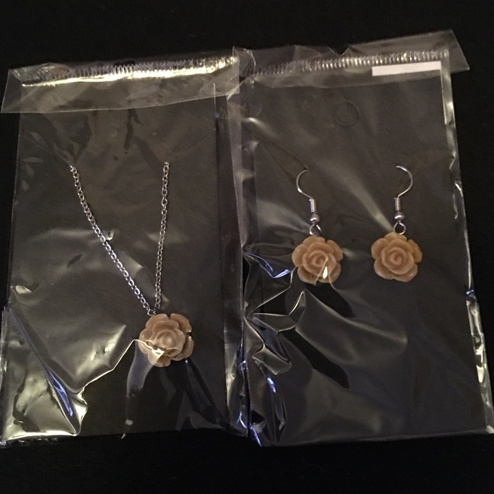 Matching beige rose earrings and necklace